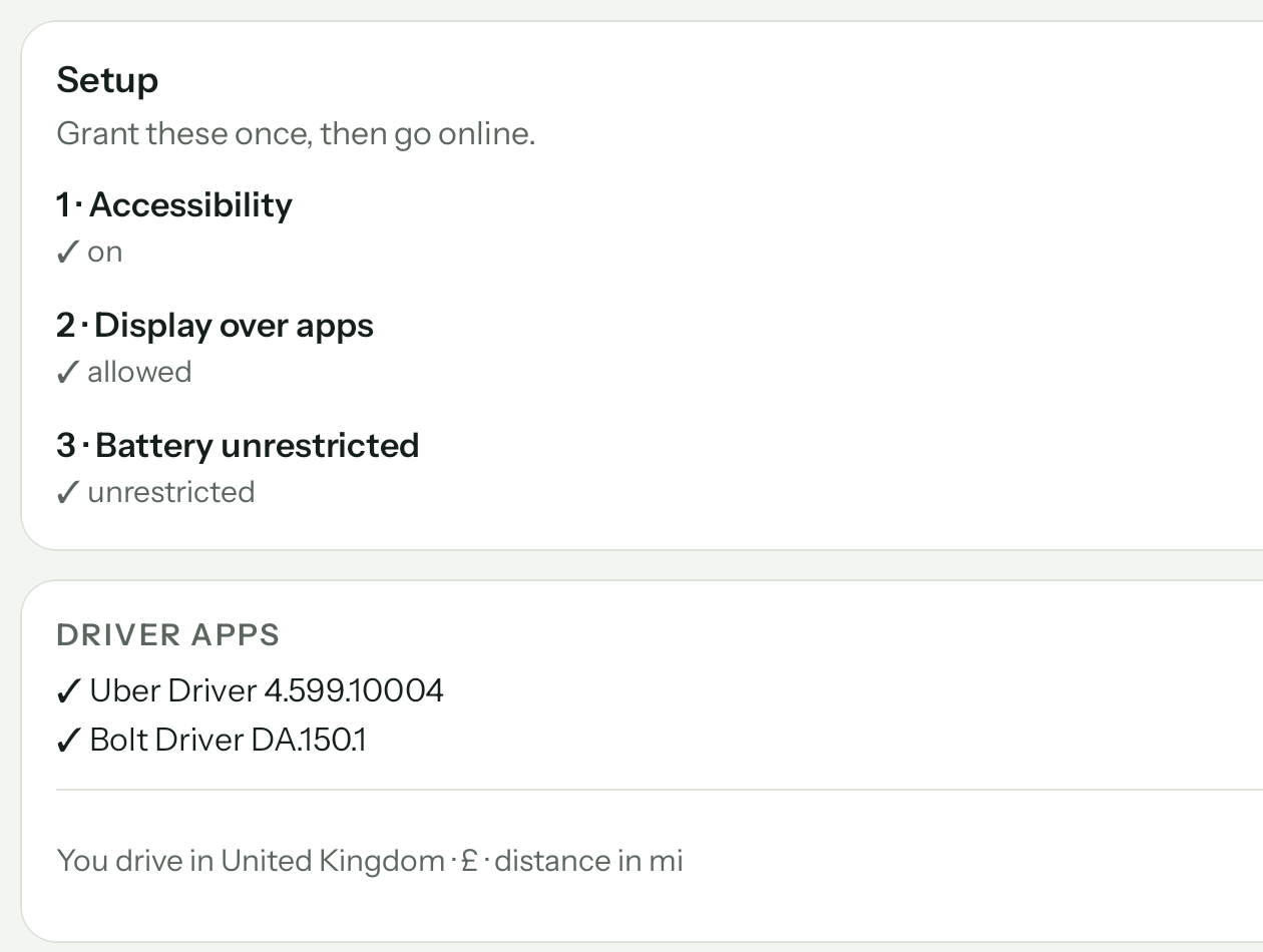 The setup screen, with the permissions and the driver apps it found.