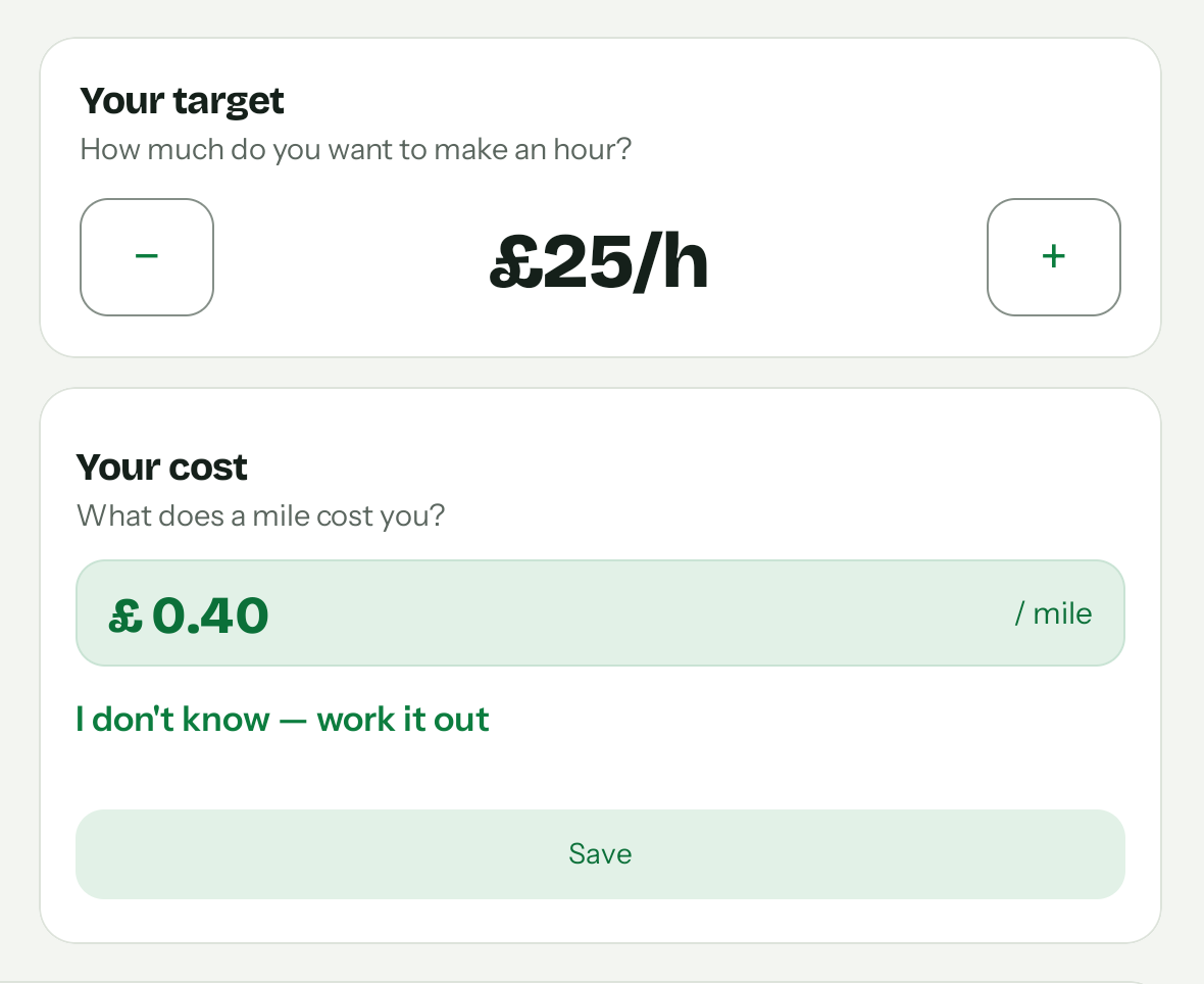 The main screen: your target and your cost per mile.